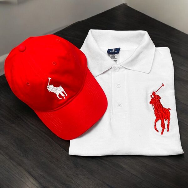 Conjunto Camiseta Blanca Big Rojo y Gorra Roja Big Polo Blanco